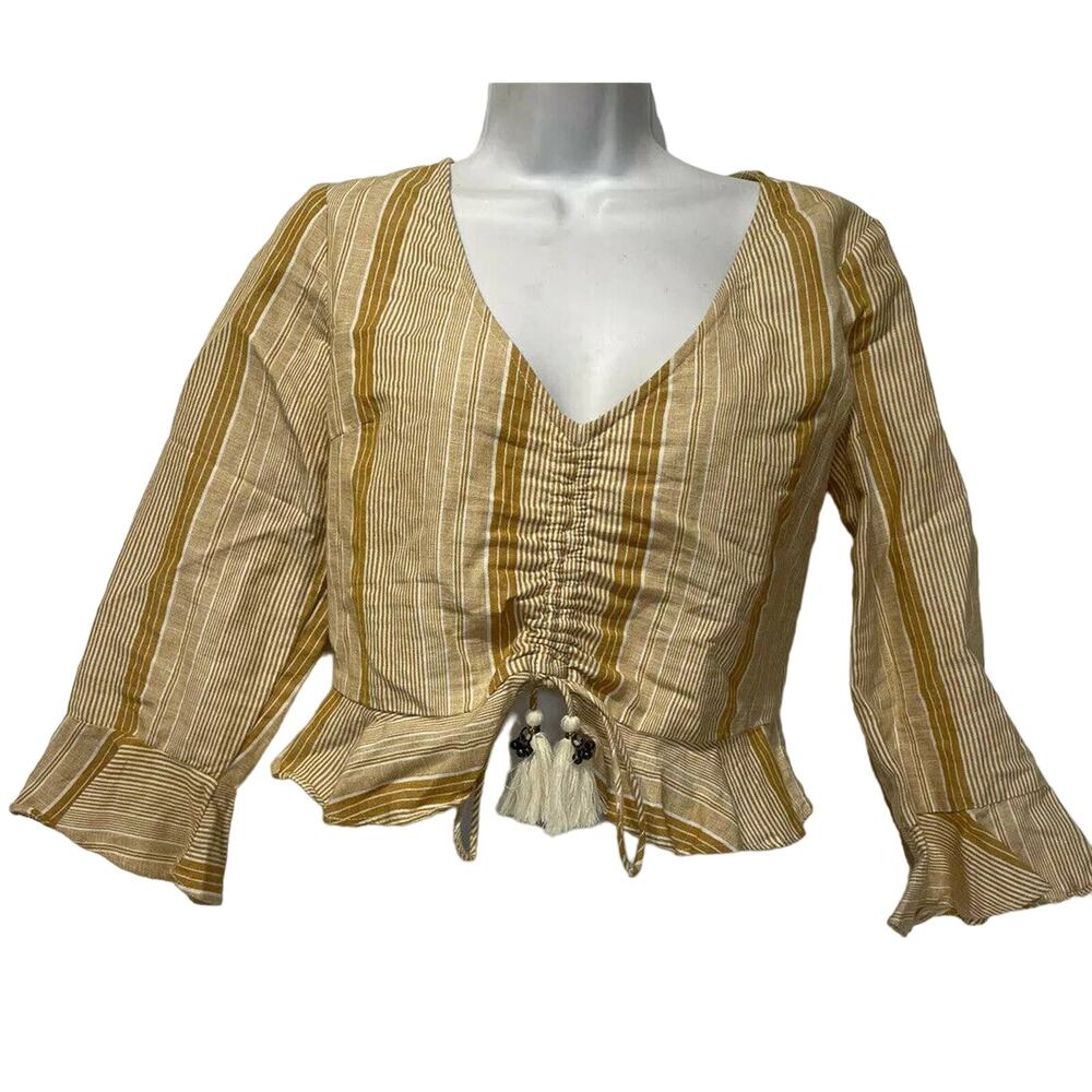 Free People Young Love Size XS Yellow Striped Bell Sleeve Crop Blouse